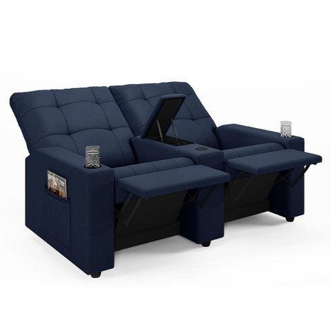 Poltrona do Papai Reclinável Cinema 2 Lugares Manual Baú Usb Haifa F05 Facto Azul - Lyam Decor