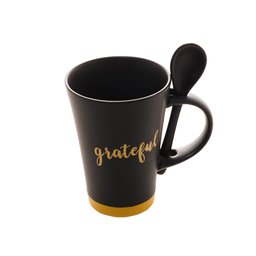 Caneca de Cerâmica Grateful C/Colher Preto Matt Amarelo 310ml Bon Gourmet - 1
