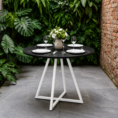 Mesa de Sala e Jantar Paris Modelo Industrial Moderno Tampo Redondo Preto com Base de Ferro Branco