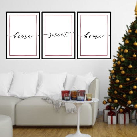 Kit 3 Quadros Home Sweet Home - Rosê 33x24cm - com vidro:Madeira preta