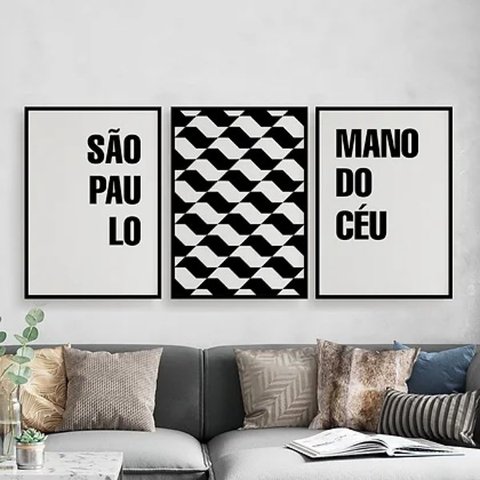 Kit 3 Quadros São Paulo Mano Do Céu 45x34cm - com vidro:Madeira preta