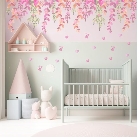 Adesivo de Parede Infantil Cascata de Amor - Flores Adesivos Primeiro Quarto 3 Cartelas Rosa