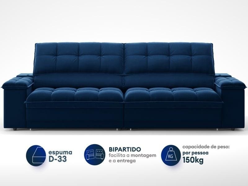 Sofá com Porta Copos e Carregador Usb Ret Rec Luke 2,10m Veludocristal Azul Marinho - Netsofas - 3