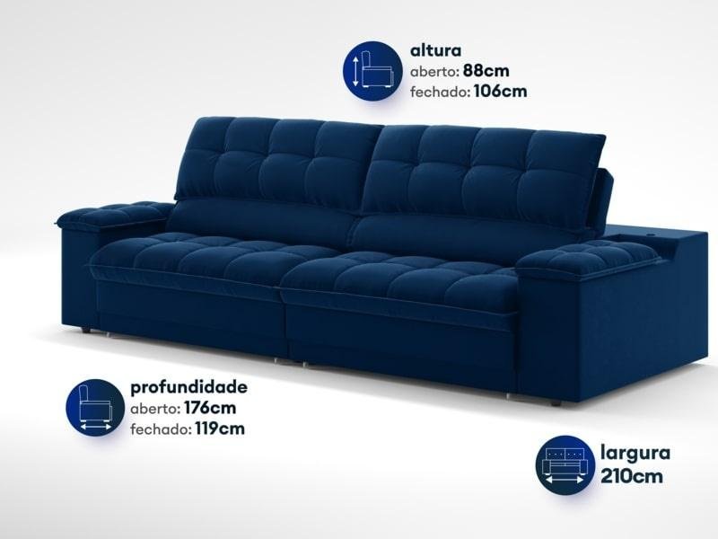 Sofá com Porta Copos e Carregador Usb Ret Rec Luke 2,10m Veludocristal Azul Marinho - Netsofas - 2