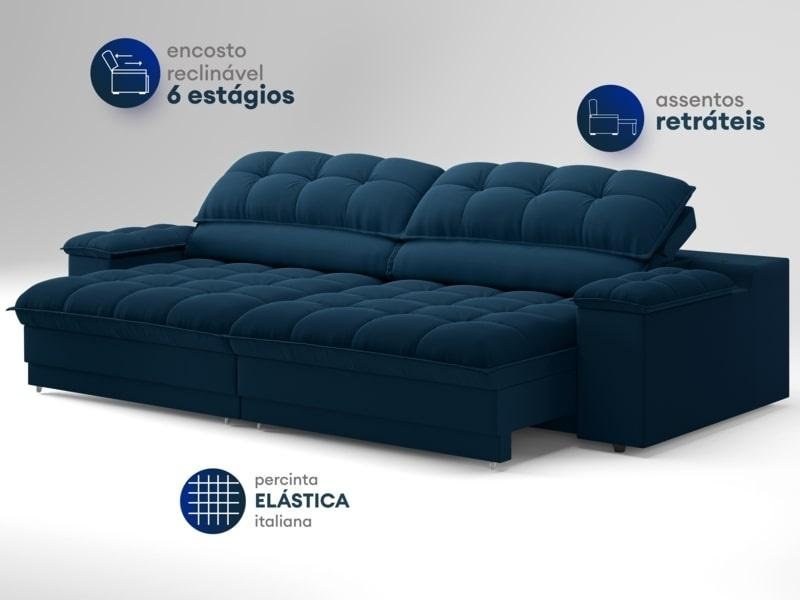 Sofá com Porta Copos e Carregador Usb Ret Rec Luke 2,10m Veludocristal Azul Marinho - Netsofas - 4