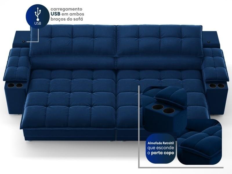 Sofá com Porta Copos e Carregador Usb Ret Rec Luke 2,10m Veludocristal Azul Marinho - Netsofas - 6