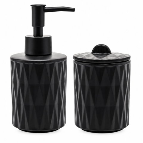 Kit Banheiro 2 Peças Cerâmica Diamond Preto Dispenser e Pote com Tampa
