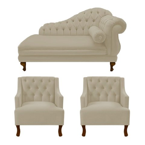 Divã Larissa 150 cm Esquerdo de quem senta e 2 Poltronas Genesis Suede Bege - LM DECOR