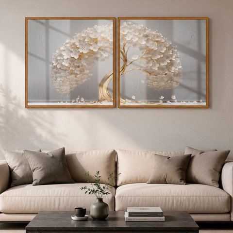 Quadro Decorativo Árvore de Ouro Das Flores Brancas Moldura Premium:Moldura Freijo/90x90 com Vidro a