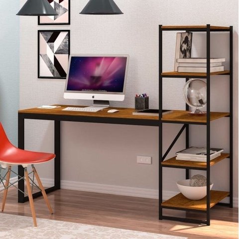 Mesa para Escritório com Estante Mega Preto Canela Rustico