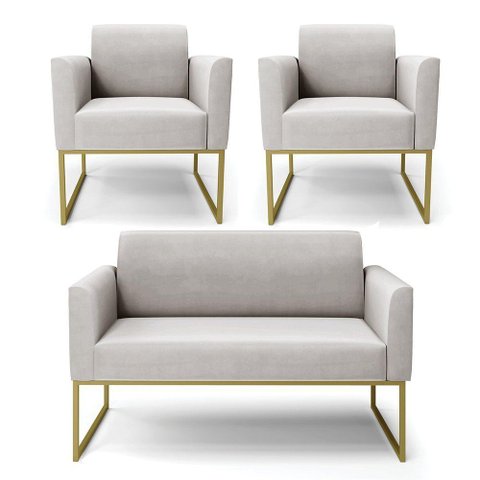 Sofá Namoradeira com 2 Poltronas Base Industrial Dourado Marisa Veludo D03 - D\'rossi Cor Cinza
