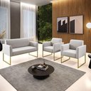 Ver imagem 3 de Sofá Namoradeira com 2 Poltronas Base Industrial Dourado Marisa Veludo D03 - D\'rossi Cor Cinza