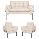 Ver imagem 1 de Kit 02 Poltronas + Namoradeira Pé Metal Preto Recepção Sala Bege