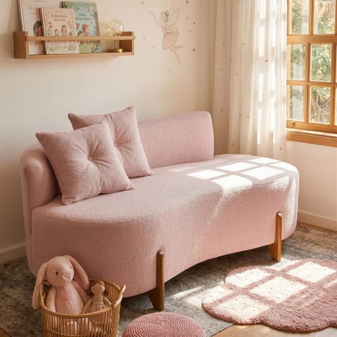 Sofá Orgânico c/2 Almofadas 1,40 cm Curvo Sala Recepção Luna Boucle Rosa - Montanaris Decor