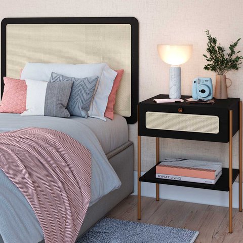 Cabeceira Solteiro 90cm e Mesa de Cabeceira Gaveta Pés Metal Cor:nero com Dourado