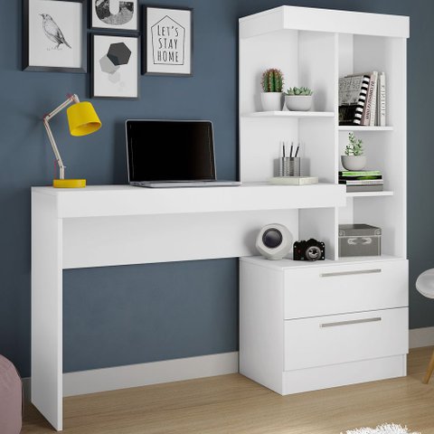 Escrivaninha com Estante Office com 2 Gavetas 6 Prateleiras para Escritório Branco / Rosa Flex