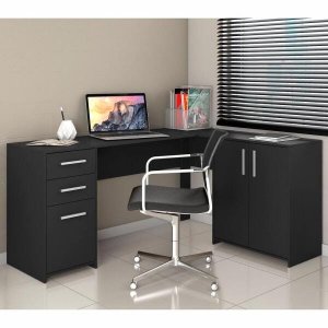 Mesa de Canto Escrivaninha em L Notavel com 2 Gavetas 3 Portas para Escritório Preto Nt 2005