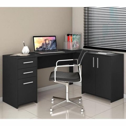 Mesa de Canto Escrivaninha em L Notavel com 2 Gavetas 3 Portas para Escritório Preto Nt 2005