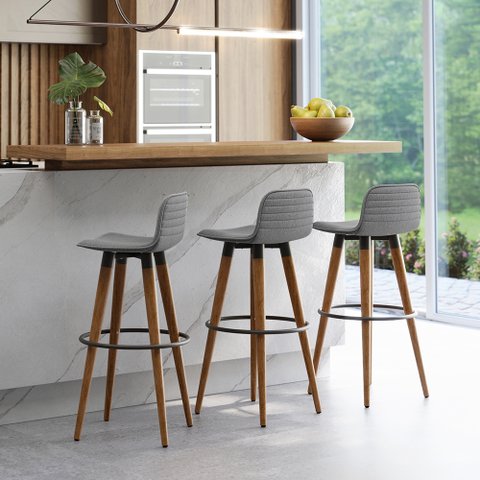 Kit 3 Banquetas Altas Luxo Versatil Aço Preto Linho Cinza Base Carvalho