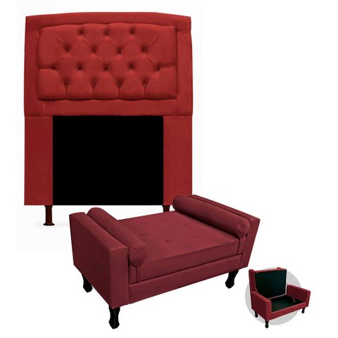Kit Cabeceira Geovana + Calçadeira Baú Felix Solteiro 90cm Suede - Ecotec Decor:Vinho