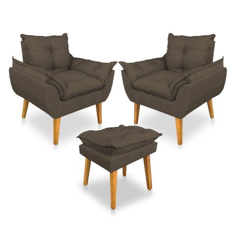 Kit Poltrona Decorativa e Puff Opala Luxo Linho Marrom Dal Poz Estofados
