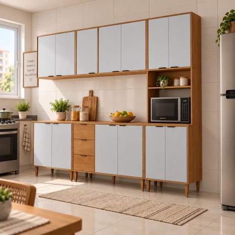 Armário de Cozinha Completo Luísa 100% MDF 5 Peças 13 Portas 3 Gavetas 260cm Moderna Mobília