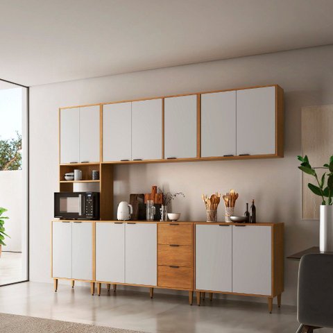 Armário de Cozinha Completo Luísa 100% MDF 5 Peças 13 Portas 3 Gavetas 260cm Moderna Mobília