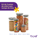 Ver imagem 3 de Kit 5 Potes de Vidro com Tampa Inox Hermético Redondo Mantimento - Tud