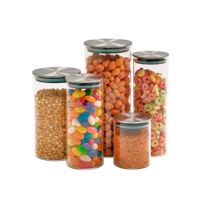 Kit 5 Potes de Vidro com Tampa Inox Hermético Redondo Mantimento - Tud