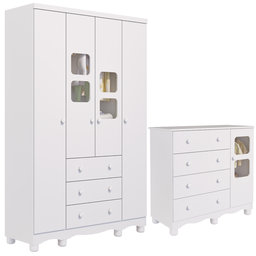 Quarto de Bebê Completo com Guarda Roupa Uli 4 Portas Cômoda Uli 4 Gavetas Móveis Peroba - Branco Br - 2