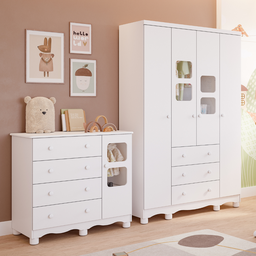 Quarto de Bebê Completo com Guarda Roupa Uli 4 Portas Cômoda Uli 4 Gavetas Móveis Peroba - Branco Br - 1