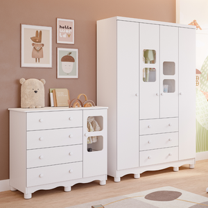Quarto de Bebê Completo com Guarda Roupa Uli 4 Portas Cômoda Uli 4 Gavetas Móveis Peroba - Branco Br