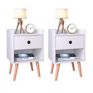 Kit Mesa de Cabeceira Compacta Retrô Mesinha Quarto Decore c/ Nicho - Off White / Freijó RPM Móveis