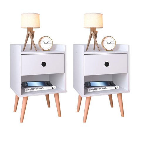 Kit Mesa de Cabeceira Compacta Retrô Mesinha Quarto Decore c/ Nicho - Off White / Freijó RPM Móveis