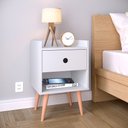Ver imagem 3 de Kit Mesa de Cabeceira Compacta Retrô Mesinha Quarto Decore c/ Nicho - Off White / Freijó RPM Móveis