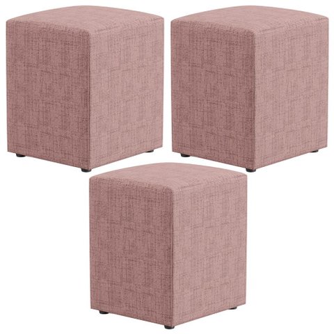 Kit 03 Puffs Quadrado Decorativo Sala de Estar L02 Linho Rosa - Lyam Decor
