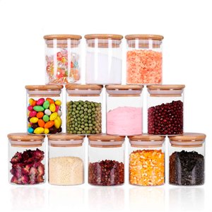Kit Com 12 Potes Herméticos de Vidro ciom Tampa de Bambu 200ml