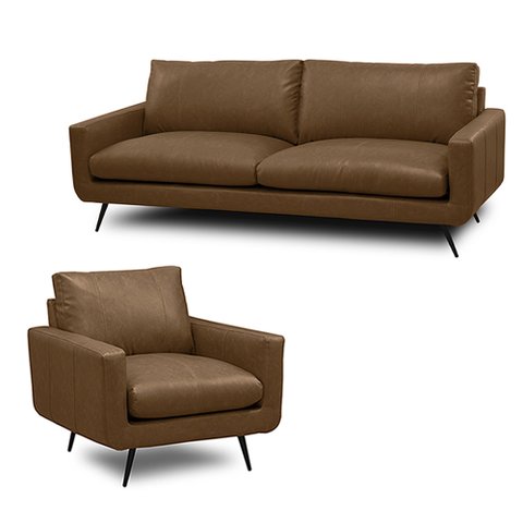 Conjunto Sala de Estar Decorativo Paloma 1 Sofá 3 Lugares 223cm 1 Poltrona Pés em Aço Couro Marrom C