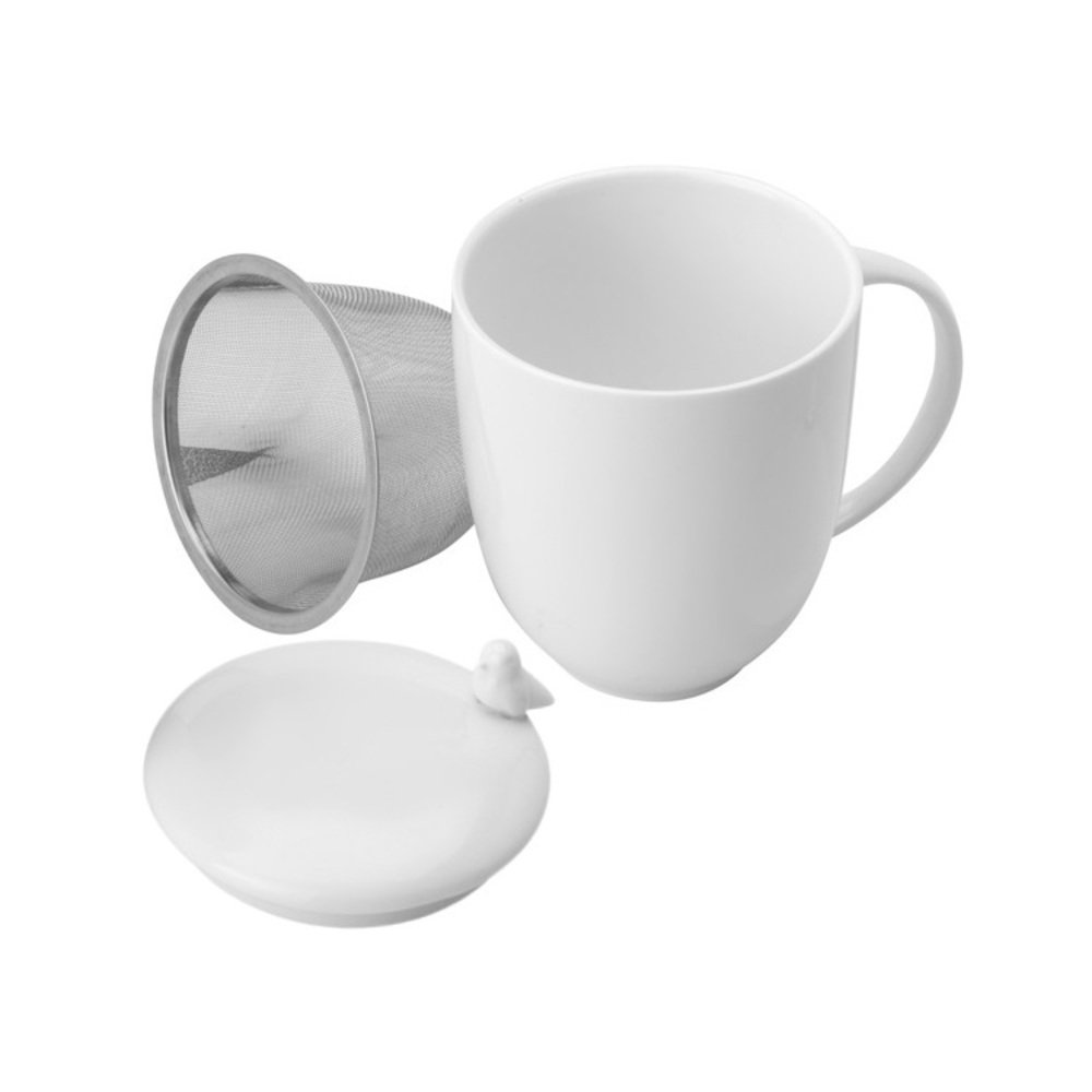 Caneca de Porcelana C/tampa e Filtro Aço Inox Birds Branco 350ml Wolff