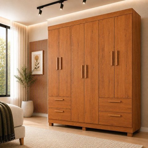 Guarda-Roupa Casal 6 Portas 4 Gavetas 100% MDF Flórida Yescasa Marrom/Cinamomo