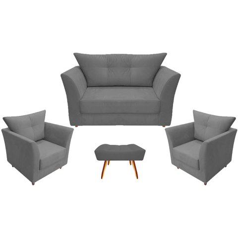 Kit Namoradeira + 2 Poltronas Decorativa Isis + 1 Puff Retangular Suede Cinza Pés Madeira Mz Decor