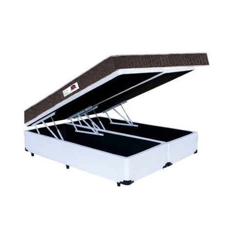 Cama Box Baú King Colchão Espuma D45 Bordado + Box Bipartido Sintético Branco Serra Negra 67x193x203