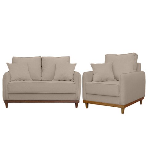 Kit Poltrona e Sofa Sena 2 Lugar Base de Madeira para Sala Hotel Linho Bege