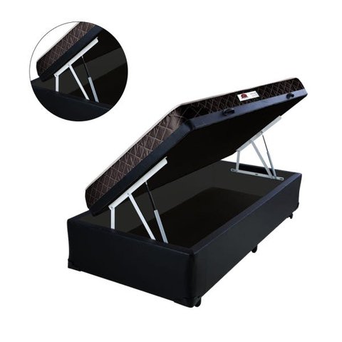 Cama Box Baú Solteiro Colchão Espuma D45 Bordado + Box Sintético Preto Serra Negra 62x88x188