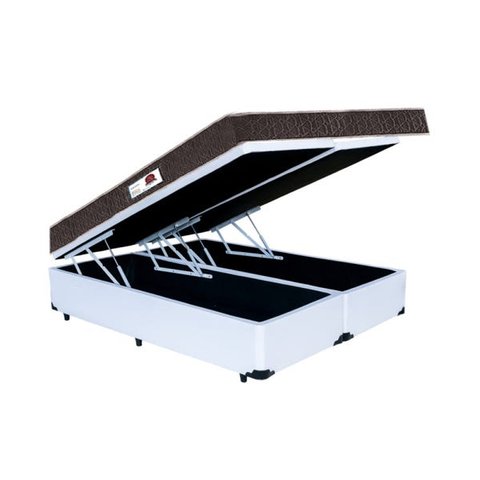 Cama Box Baú Queen Colchão Espuma D45 Bordado + Box Bipartido Sintético Branco Serra Negra 67x158x19