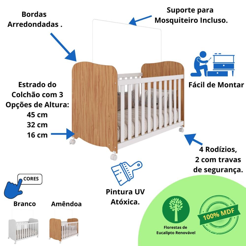 Quarto de Bebê Completo Guarda Roupa Uli 4 Portas 3 Gavetas Berço Americano Uli Cômoda Uli 100% - 3