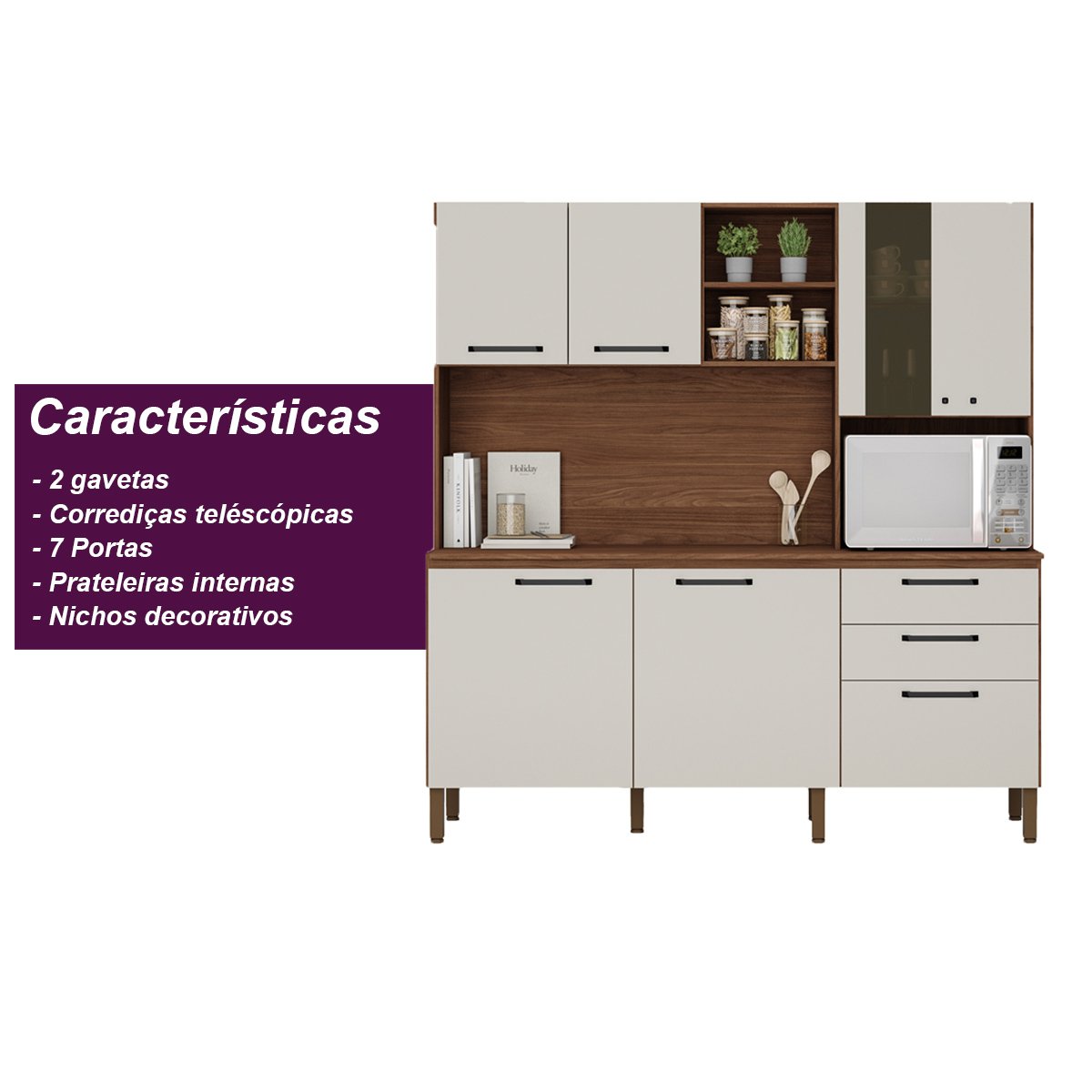 Armário de Cozinha Compacta 7 Portas 2 Gavetas Mega - Nogueira/off White - 6