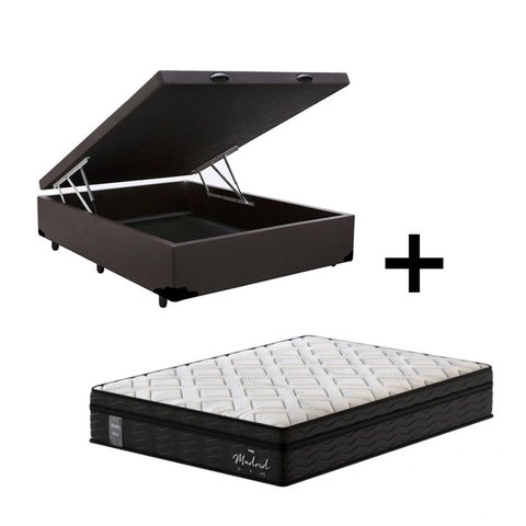 Cama Box Baú Casal Sintético Marrom com Colchão de Molas Ensacadas - Madrid - Probel - Preto