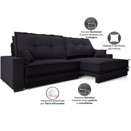 Sofá Palermo 2,40m Retrátil e Reclinável Velosuede Preto - Netsofás - 6