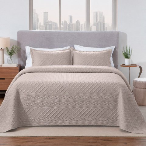 Colcha Matelassê - Queen Size - Madison 3D - Bege - Dupla Face - c/ Porta Travesseiros - Rozac